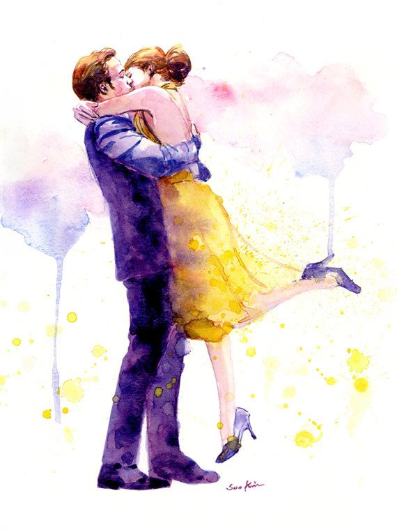 570x760 Romantic Couple Watercolor Painting Print Kissing Couple - La La Land Painting