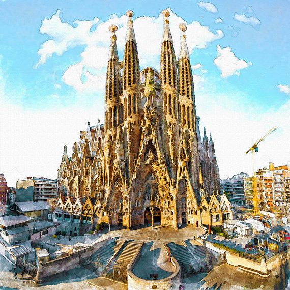 570x570 Sagrada Familia Instant Download Watercolor Painting Wall Art - La Sagrada Familia Painting