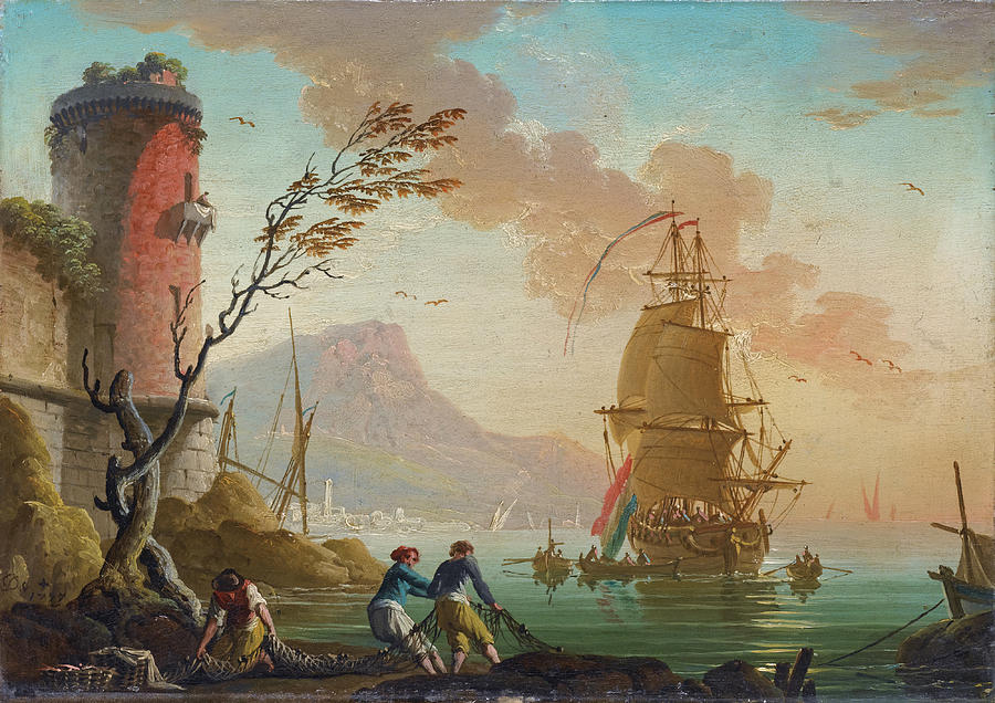 900x636 Fishing Scene In A Harbor Painting By Charles Francois Lacroix De - Lacroix Painting