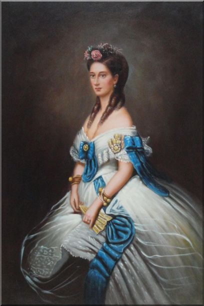 408x612 Framed Elegant Lady In White Dress With Blue Lace Oil Painting - Lady In Blue Dress Painting