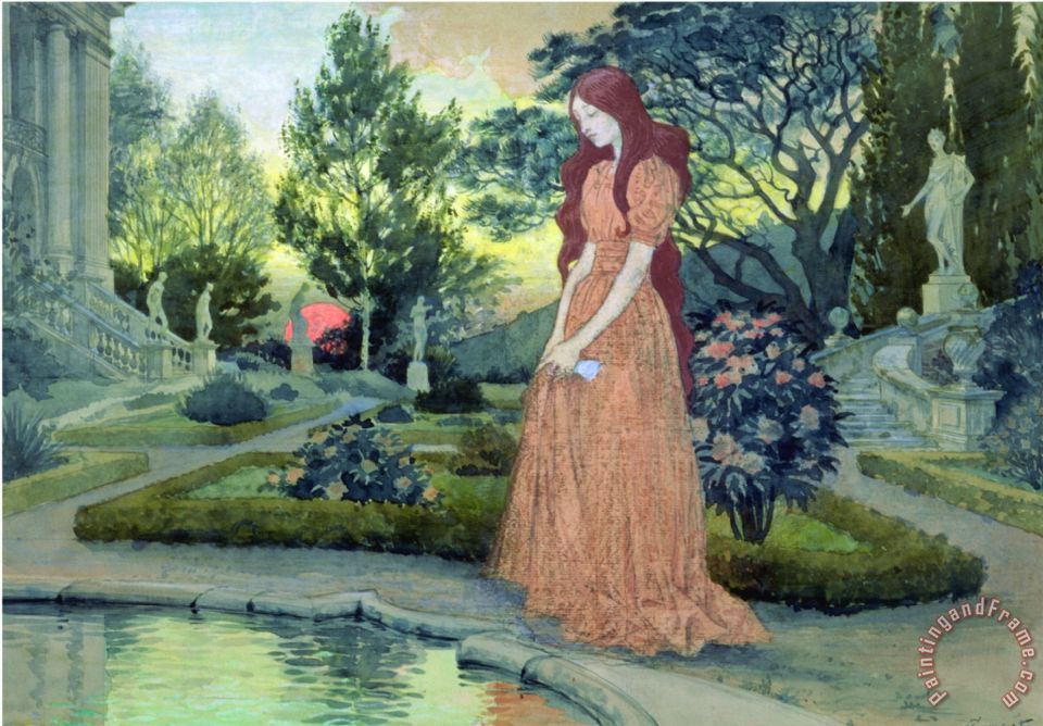 960x668 Eugene Grasset Young Girl In A Garden Painting - Lady In Garden Painting