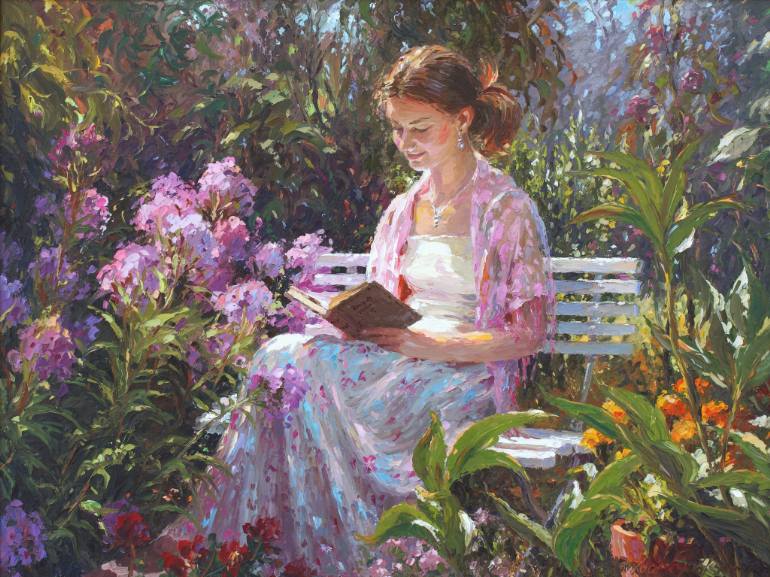 770x577 Saatchi Art Woman Reading In A Garden Painting By Barbara Jaskiewicz - Lady In Garden Painting