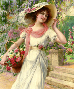 250x300 The Flower Garden Fashion Young Lady Hat Roses Painting By Emile - Lady In Garden Painting