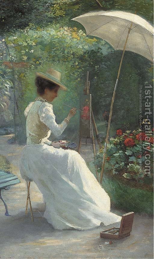 512x860 A Young Lady Painting In The Garden Charles Endres Reproduction - Lady In Garden Painting