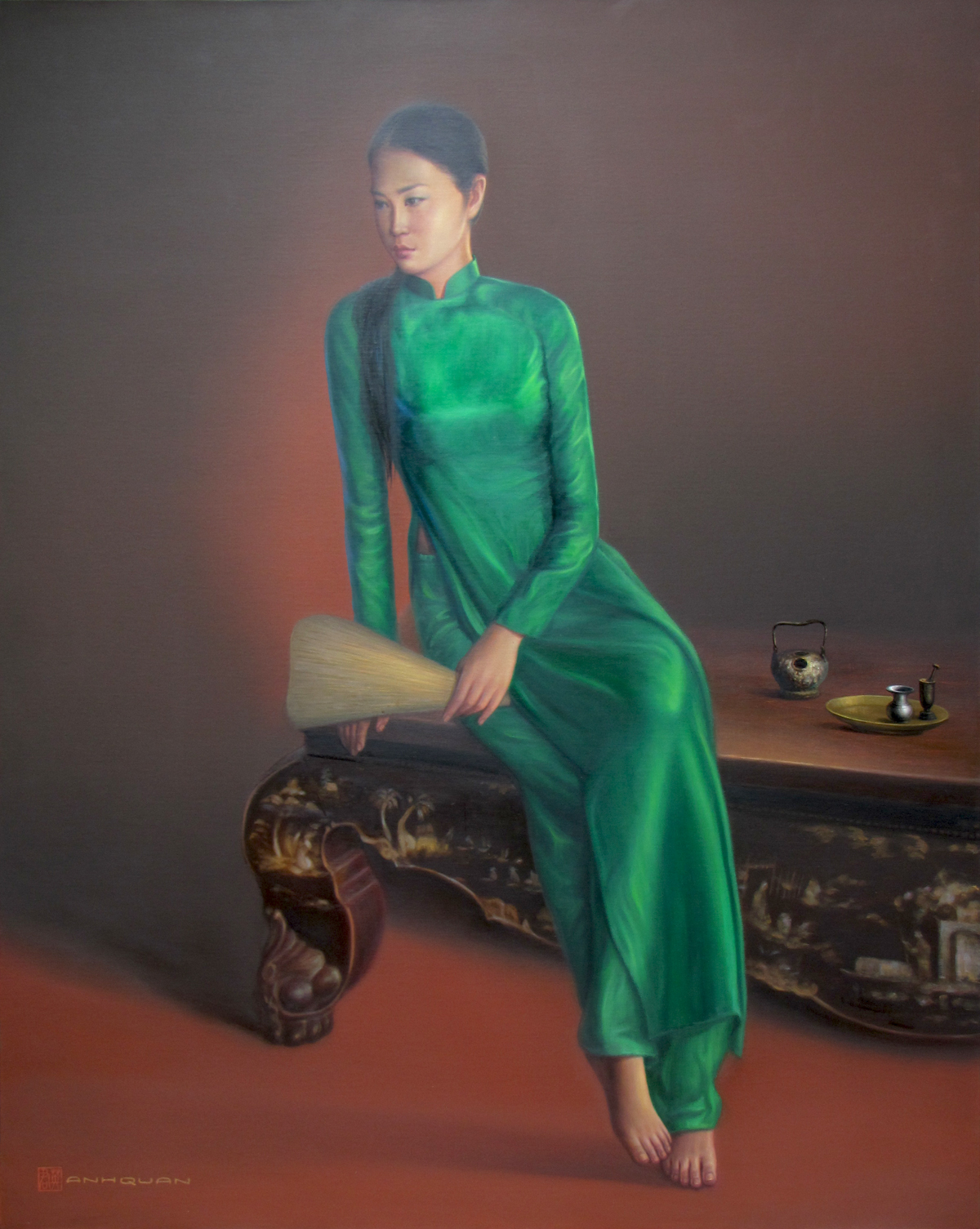 1200x1505 Van Anh Quan Contemporary Asian Painting Young Lady - Lady In Green Dress Painting