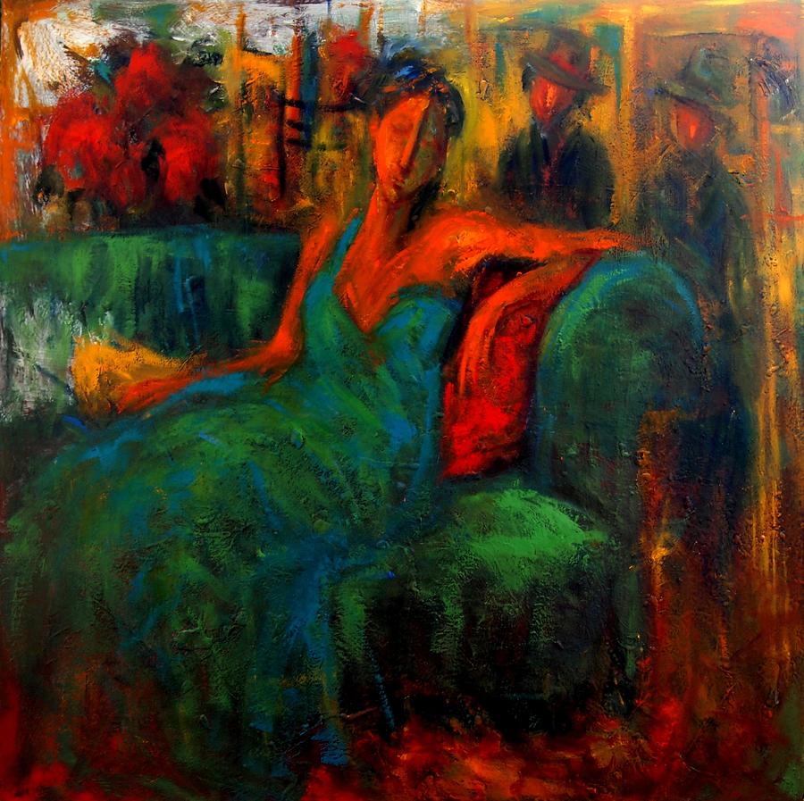 900x897 Woman In A Green Dress Painting By Marina R Burch - Lady In Green Dress Painting