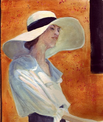 338x400 Bunny's Artwork Lady With Floppy Hat Watercolor Painting - Lady In Hat Painting