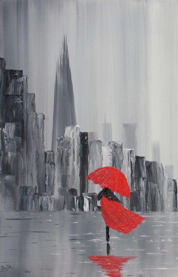 578x900 Lady In Red Dress And Red Umbrella Walking Alone Through A Storm - Lady In The Rain Painting
