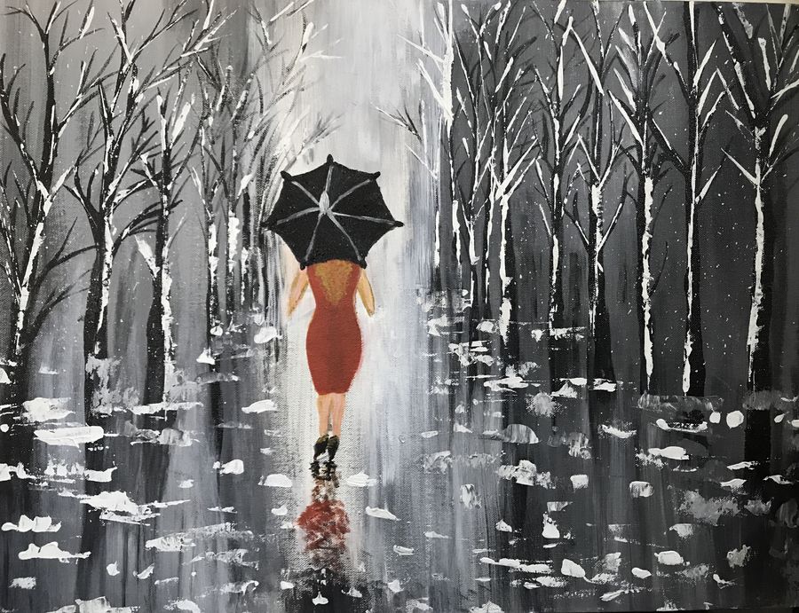 900x691 Lady Walking In Rain Painting By Artist Smruti Tn - Lady In The Rain Painting