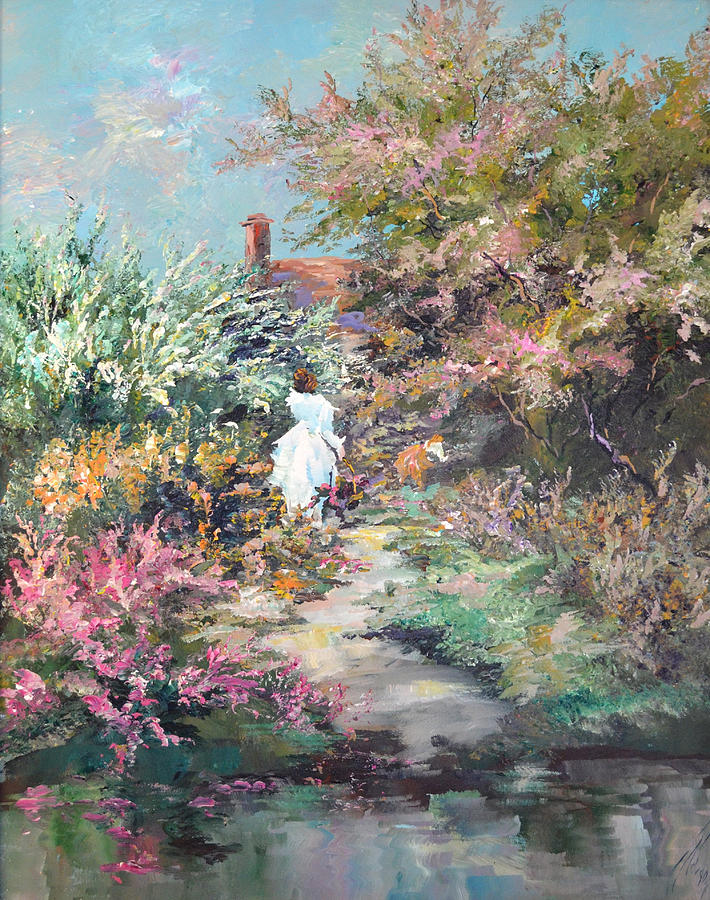 710x900 Garden By The Water Painting By Steven Nevada - Lady In The Water Painting