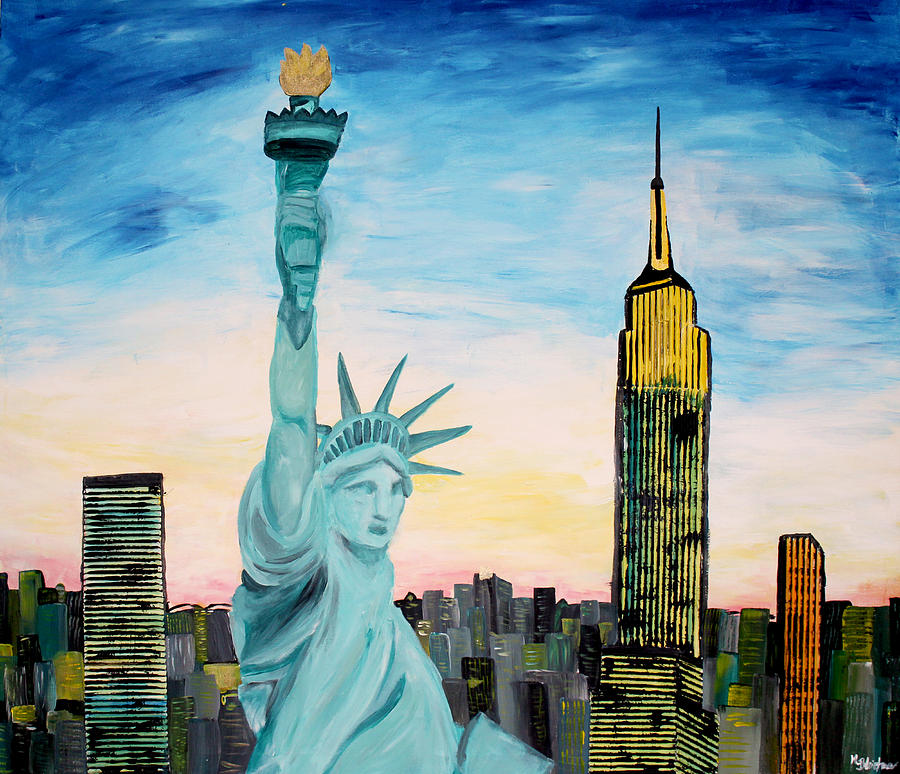 900x774 Statue Of Liberty With View Of New York Painting By M Bleichner - Lady Liberty Painting