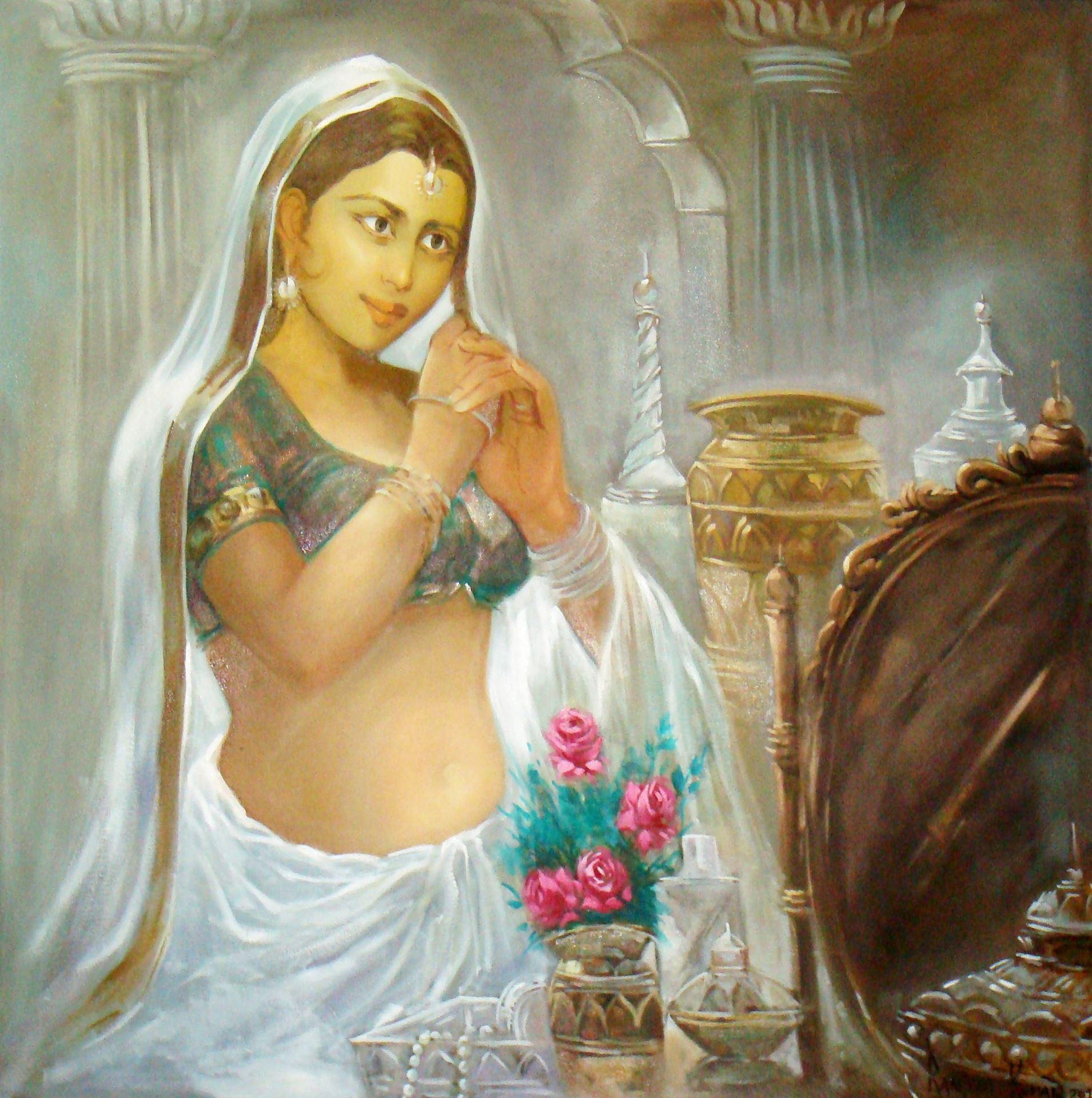 1910x1920 Lady Decorating Herself Hand Painted Art Painting 32in X 32in - Lady Painting