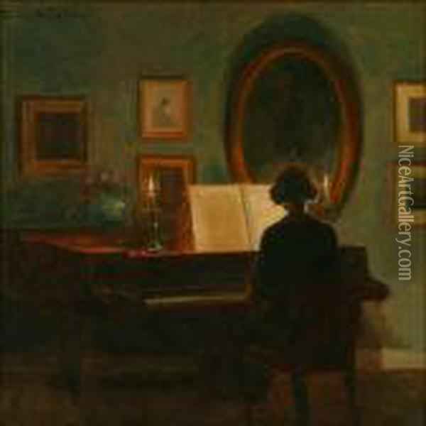 600x600 Interior With A Woman Playing Piano Oil Painting Reproduction By - Lady Playing Piano Painting