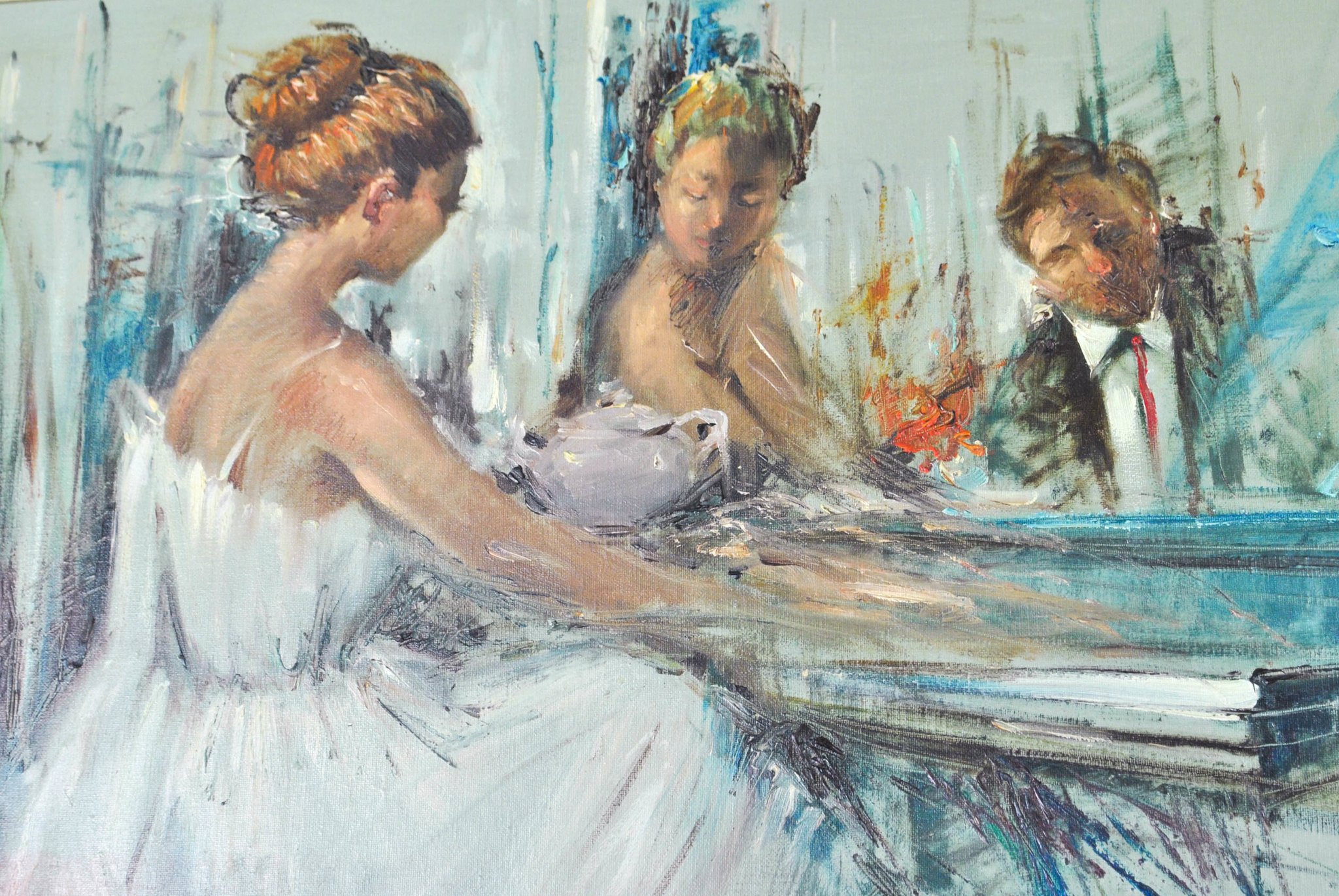 2048x1371 Young Woman Playing Piano By V. Varani C. 1971 Oil Painting - Lady Playing Piano Painting