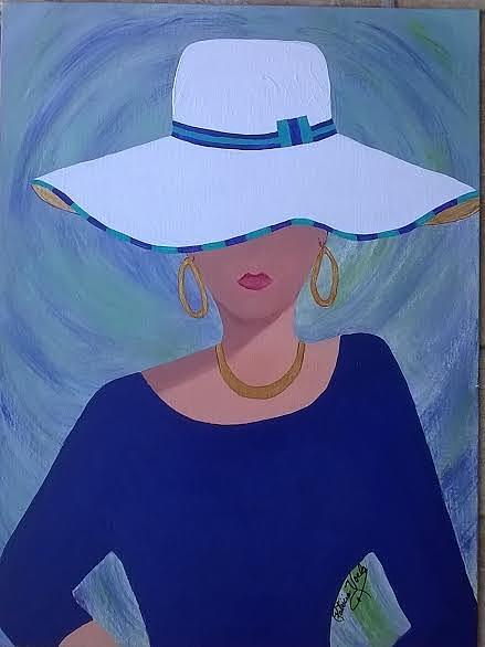 439x586 Lady In White Hat Painting By Patricia Voelz - Lady With Hat Painting