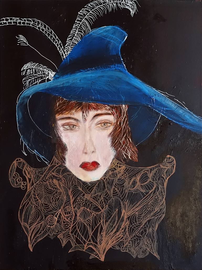 770x1029 Saatchi Art Lady With Blue Hat Painting By Lene Gravengaard - Lady With Hat Painting
