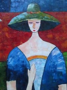 225x300 Large Vintage Painting Lady With Hat Oil On Canvas Ebay - Lady With Hat Painting