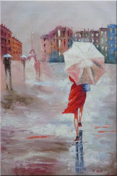 408x612 Framed Modern Lady With Red Walking Under Umbrella In Paris Street - Lady With Umbrella Painting
