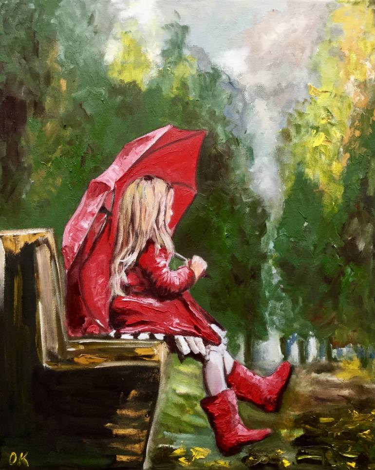 770x966 Saatchi Art Lady With Umbrella On The Bench. Autumn Is Coming - Lady With Umbrella Painting