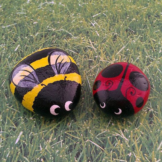 570x570 Ladybug Bumble Bee Set Of Two Hand Painted Garden Stones - Ladybug Painting