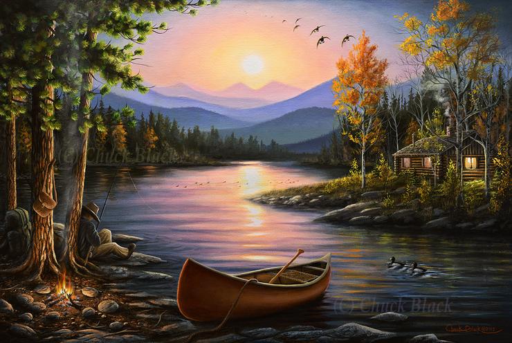 740x496 Lake Cabin Landscape Painting - Lake Landscape Painting