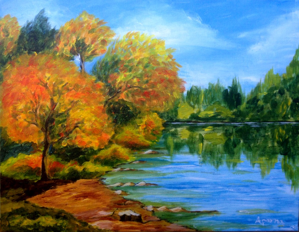 Lake Landscape Painting at PaintingValley.com | Explore collection of ...