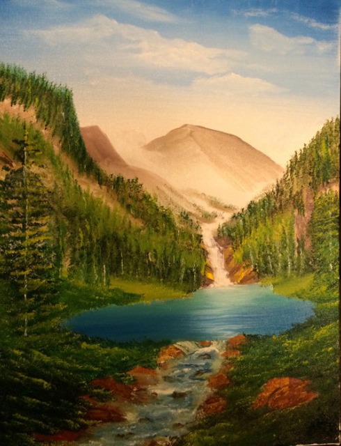 490x640 Leonard Parker Artwork Mountain Falls Lake And Landscape - Lake Landscape Painting