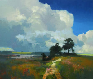 300x257 New Beautiful Original Vytautas Laisonas At The Lake Landscape - Lake Landscape Painting