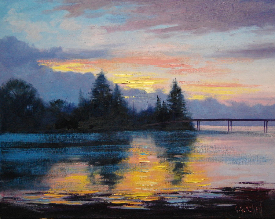 900x718 Lake Sunset Painting By Artsaus - Lake Painting