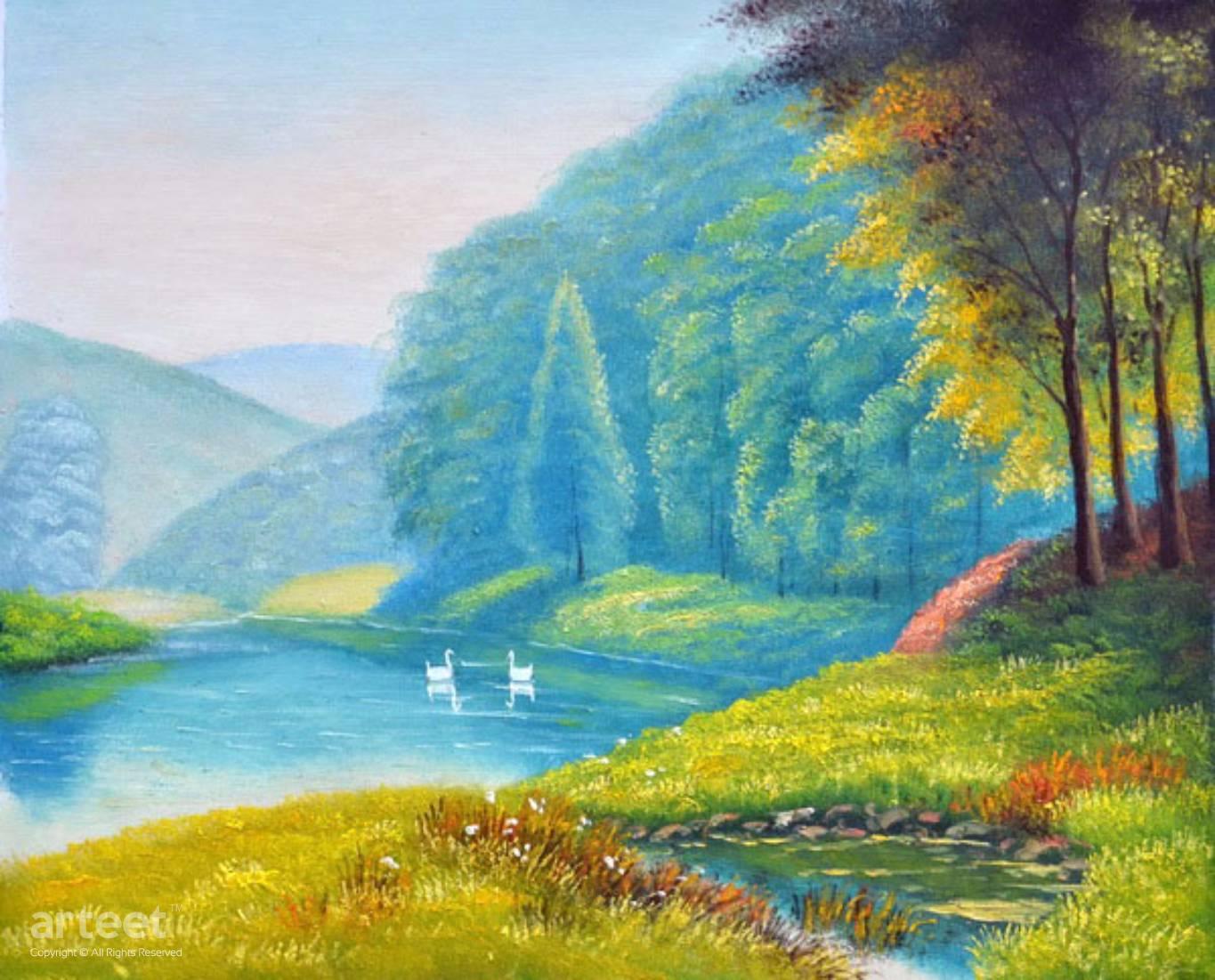 1365x1101 Lake And Swans Art Paintings For Sale - Lake Painting