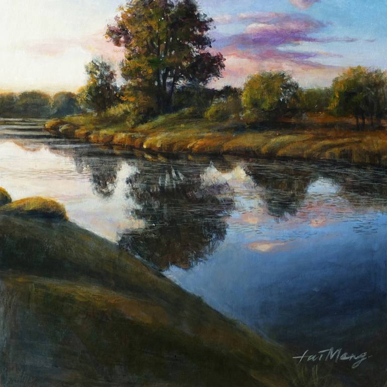 770x770 Saatchi Art Lake Shore In The Evening Light Painting By Tai Meng Lim - Lake Painting