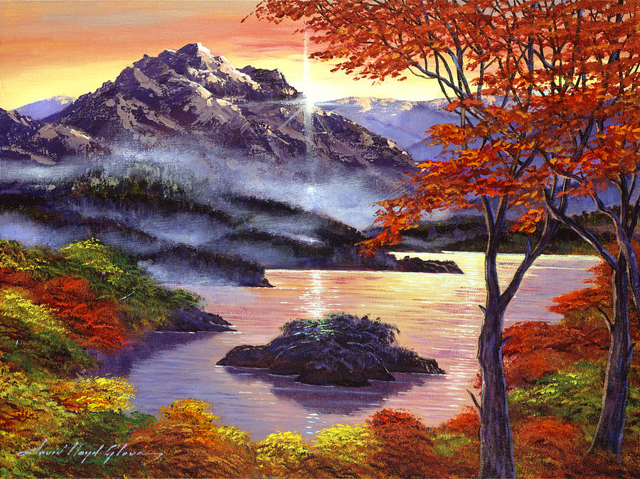 900x674 Sunrise Over Mystic Lake Painting By David Lloyd Glover - Lake Painting