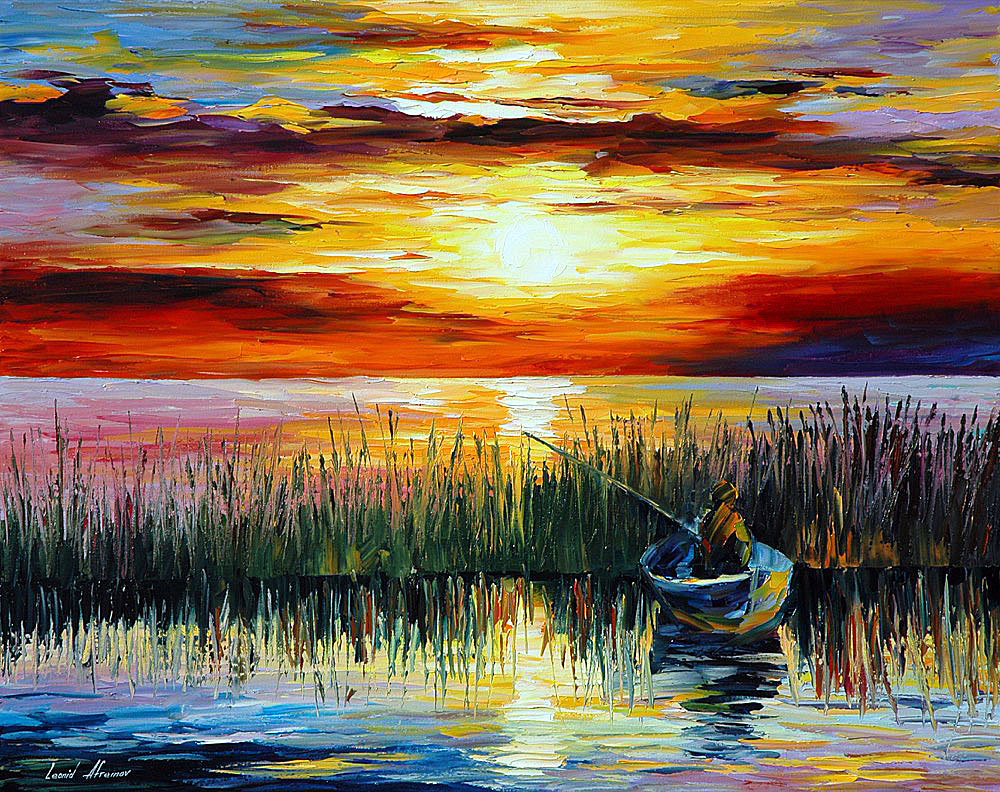 1000x792 Fishing On The Lake Palette Knife Oil Painting On Canvas By - Lake Painting