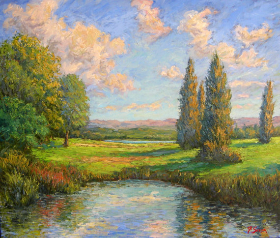 570x484 Original Impressionist Oil Painting, Landscape, Sunny Day, Lake - Lake Reflection Painting