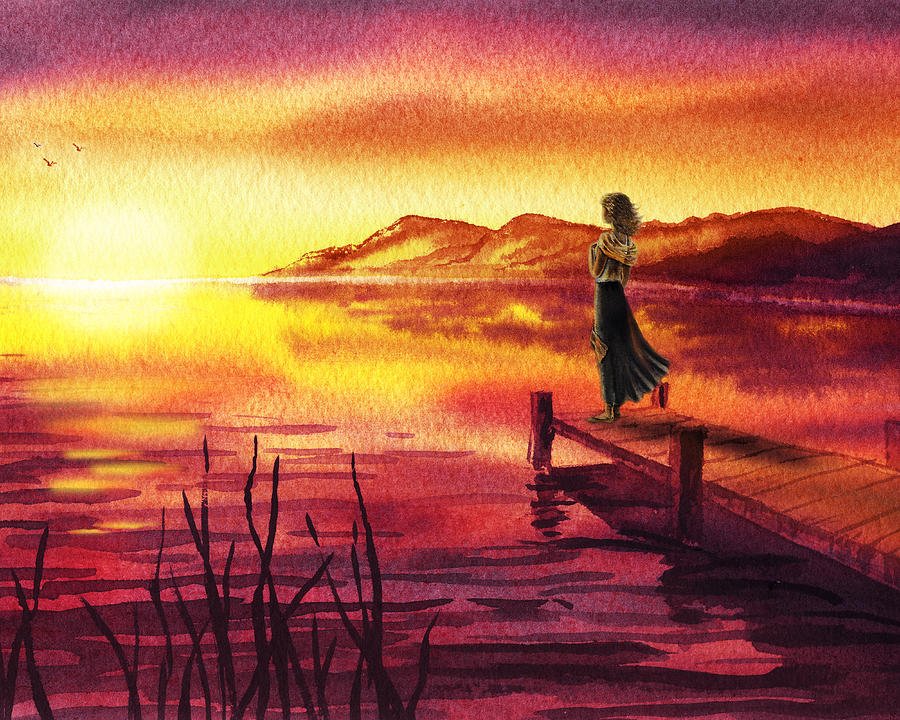 900x720 Girl Watching Sunset At The Lake Painting By Irina Sztukowski - Lake Sunset Painting