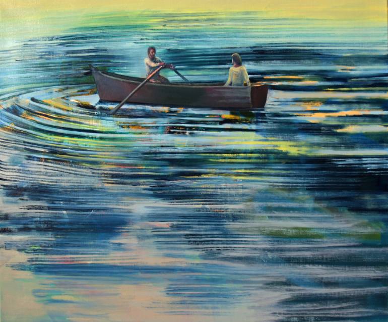 770x638 Saatchi Art Lake Sunset And Lovers Painting By Anita Si - Lake Sunset Painting