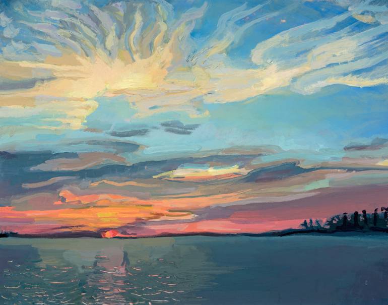 770x605 Saatchi Art Sunset Lighting Sky On Fire Over Lake Painting By C - Lake Sunset Painting
