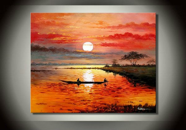 600x421 Abstract Family Art African Lake Sunset Landscape, The Boat Theme - Lake Sunset Painting