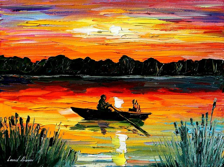 893x666 Sunset Over The Lake Painting By Leonid Afremov - Lake Sunset Painting