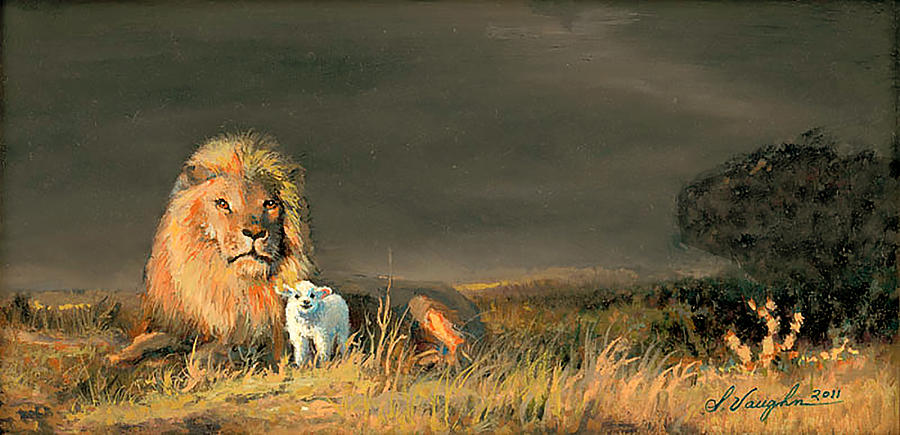 900x435 Lion And The Lamb Painting By Sidney Vaughn - Lamb Painting