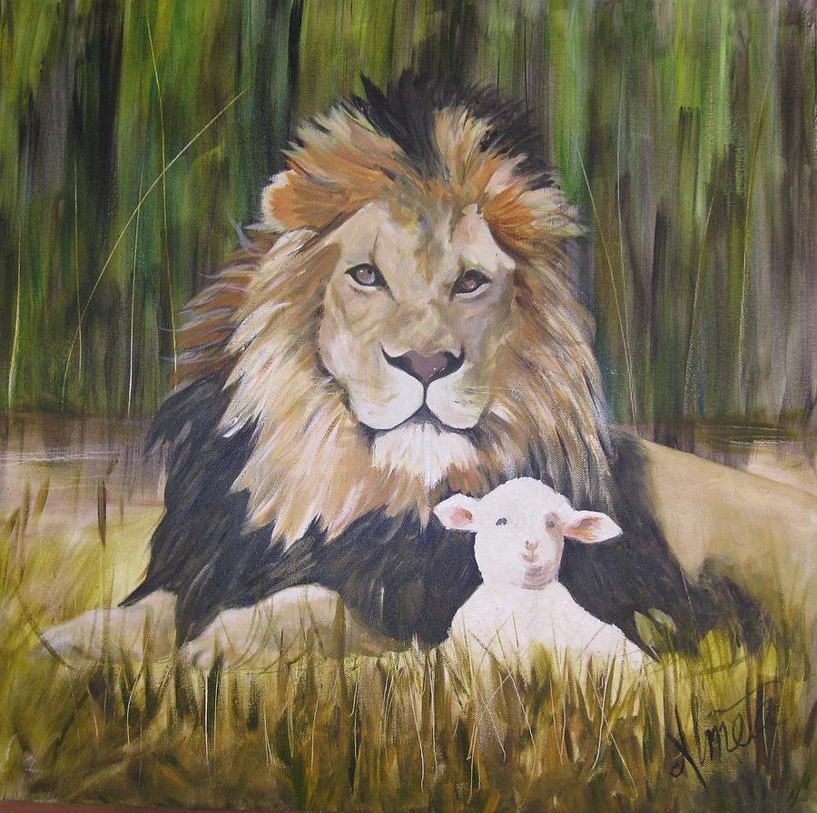 900x896 The Lion And The Lamb Painting By Almeta Lennon - Lamb Painting