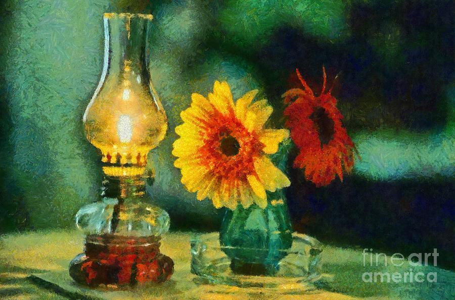 900x594 Flowers And Lamp Painting By George Atsametakis - Lamp Painting