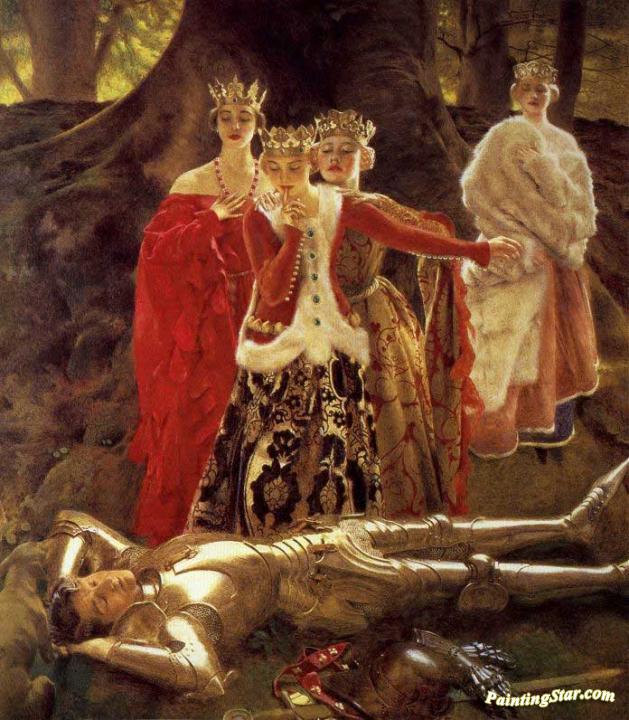 629x720 Four Queens Find Lancelot Sleeping Artwork By Frank Cadogan Cowper - Lancelot Painting
