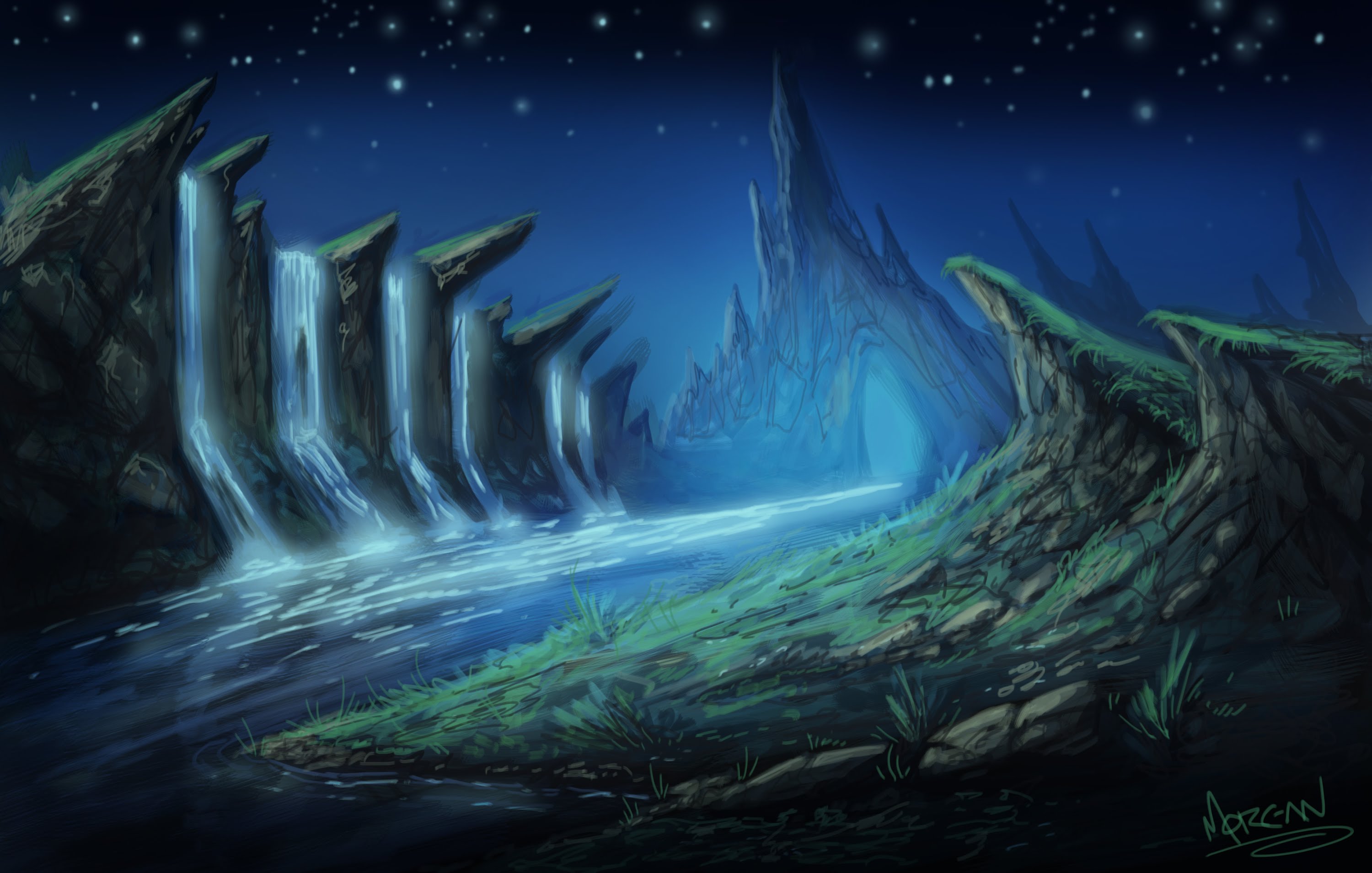 3000x1909 Night Sky Digital Landscape Concept Painting Mike Morgan Demo - Landscape Night Painting