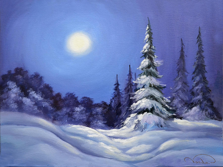 900x675 Winter Night Landscape Painting By Vanda Bleavins - Landscape Night Painting