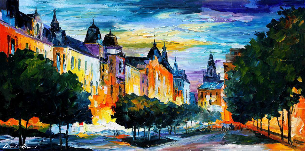 1259x623 Night In Hamburg Palette Knife Oil Painting On Canvas By Leonid - Landscape Oil Painting On Canvas