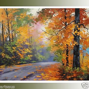 300x300 Large Autumn Oil Painting Fall Trees Road Trail Traditional - Landscape Painting