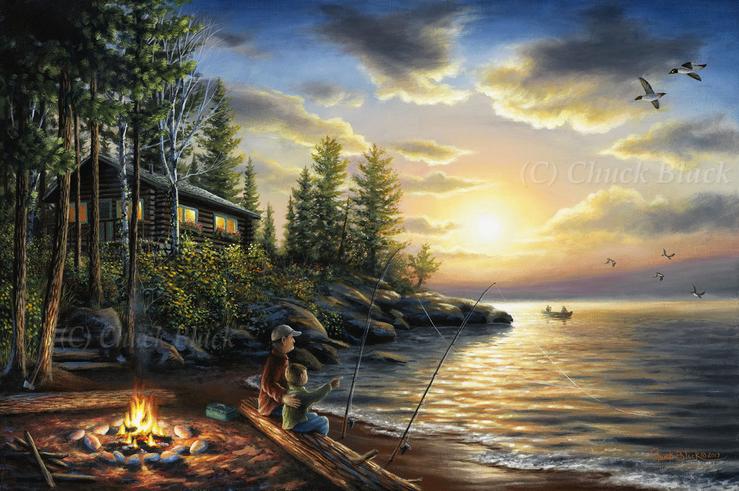 739x491 Rustic Cabin Landscape Painting - Landscape Painting