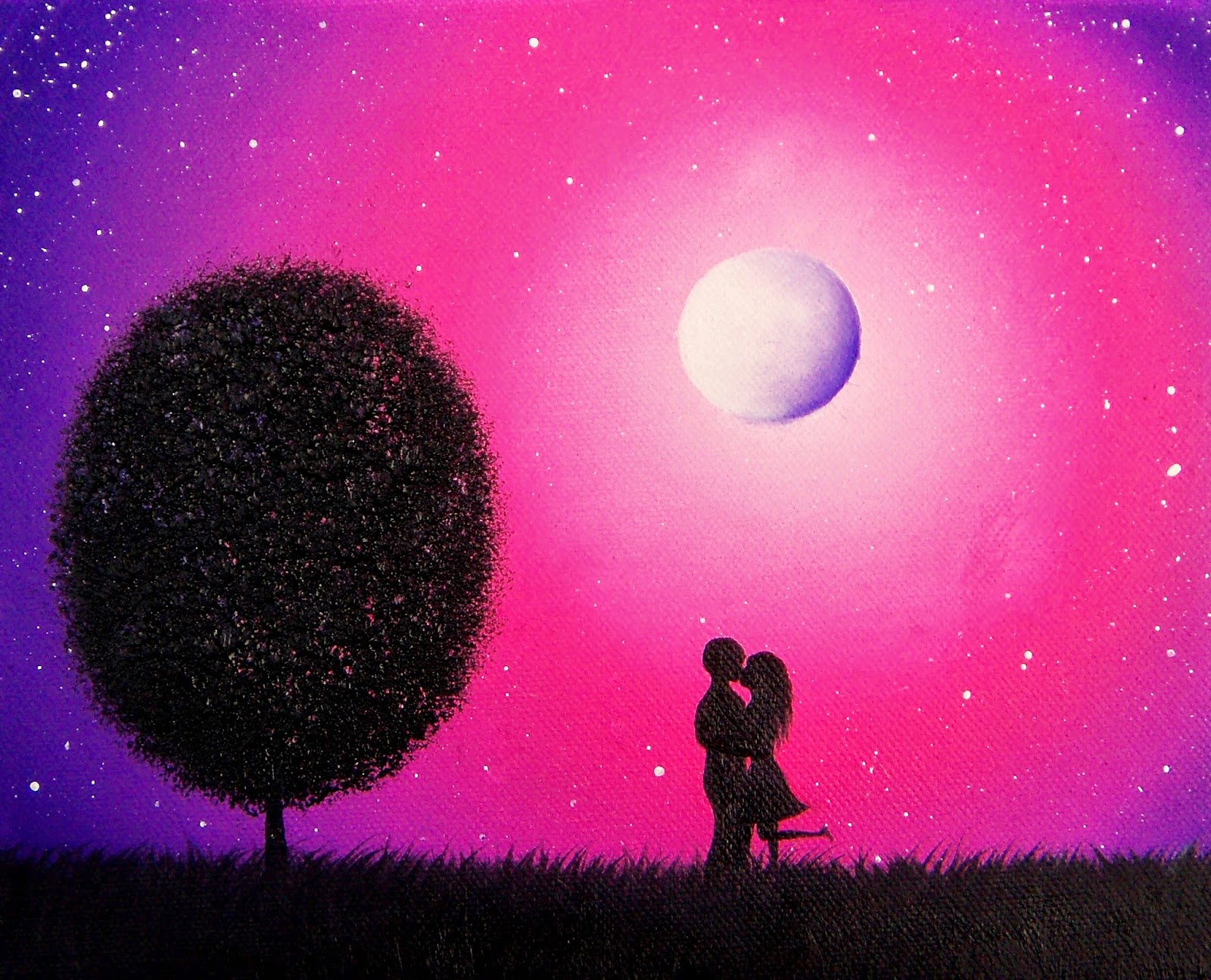1600x1295 Hand Painted Original Art, Purple Night Scene, Silhouette Couple - Landscape Painting Night