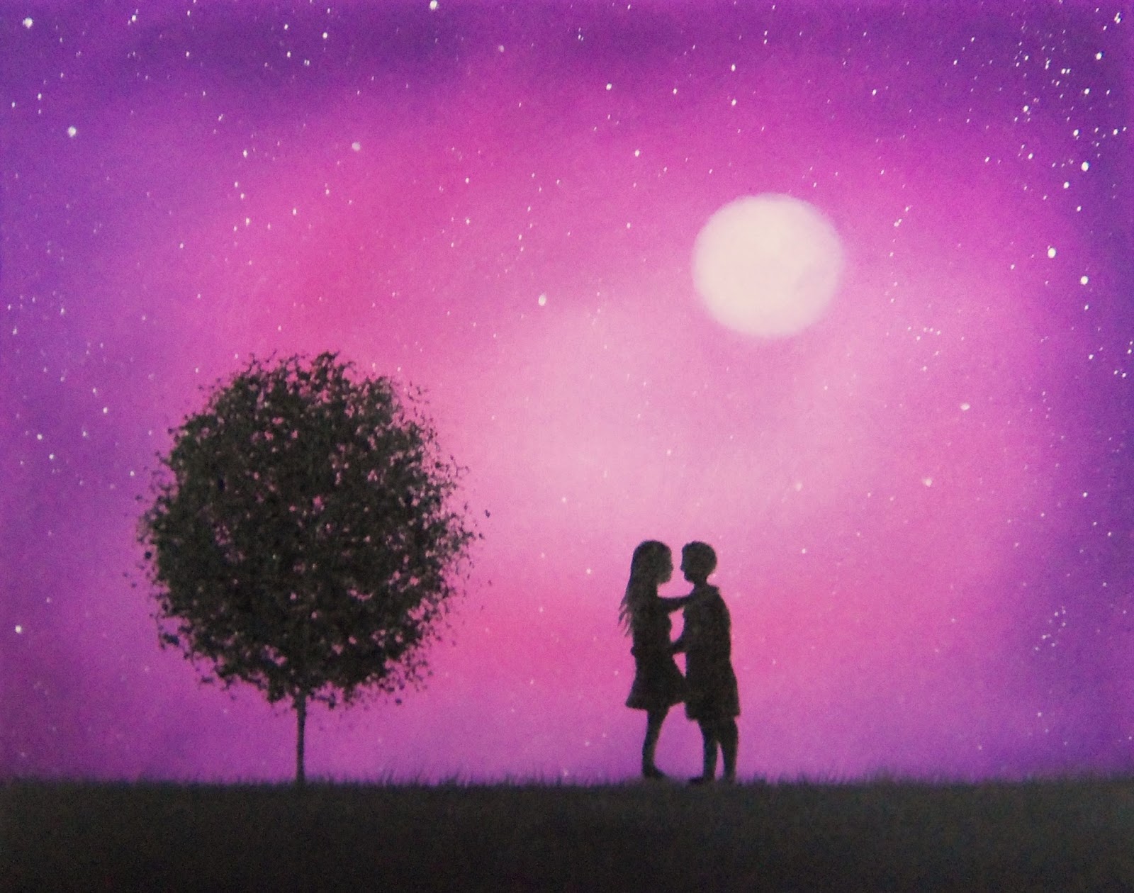 1600x1260 Silhouette Couple Painting, Night Landscape Painting With Starry - Landscape Painting Night